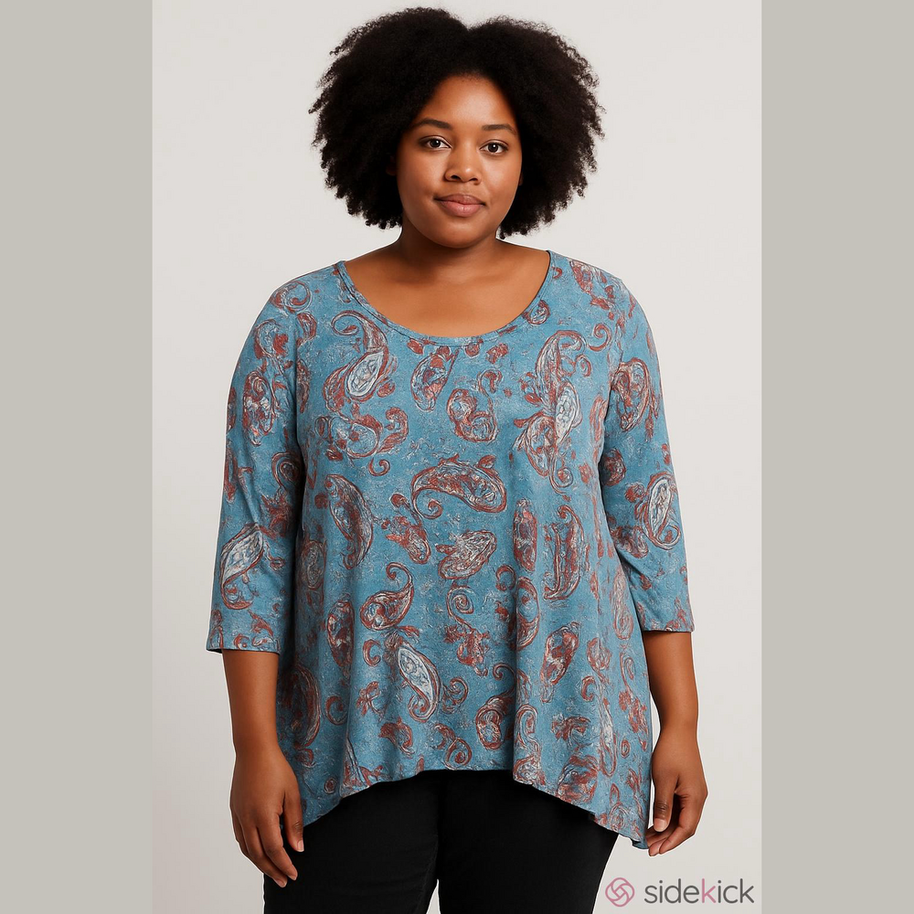 🐥Ruby Rd. Women's 3/4 Sleeve Paisley Top - Blue and Red